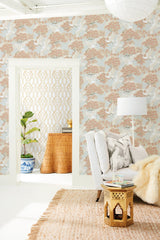 Sprig & Heron Coral Wallpaper with Metallic Botanical Heron Motif - York AF6590