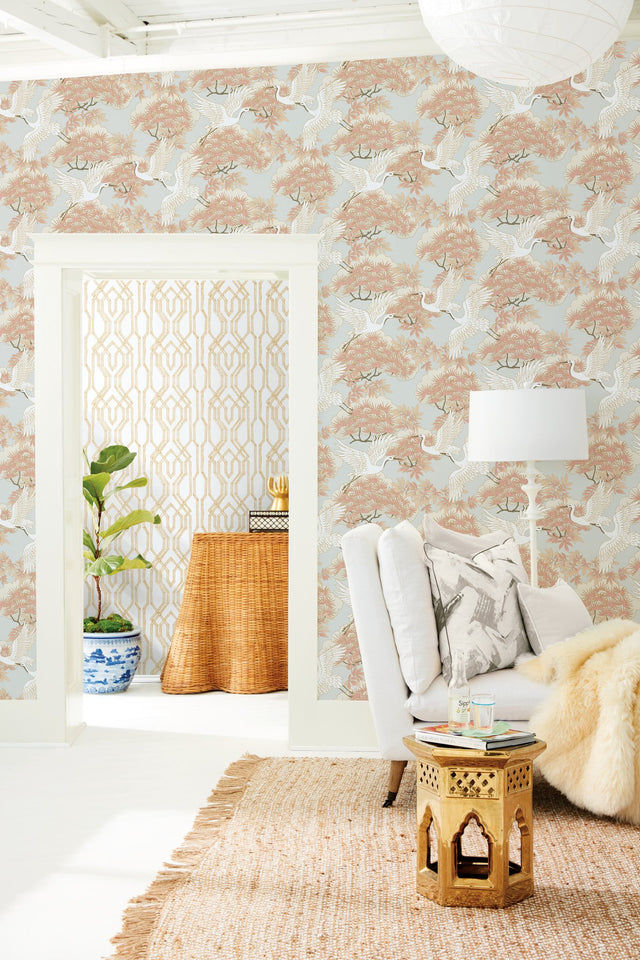 Sprig & Heron Coral Wallpaper with Metallic Botanical Heron Motif - York AF6590