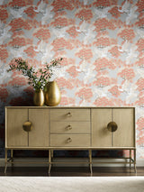 Sprig & Heron Coral Wallpaper with Metallic Botanical Heron Motif - York AF6590