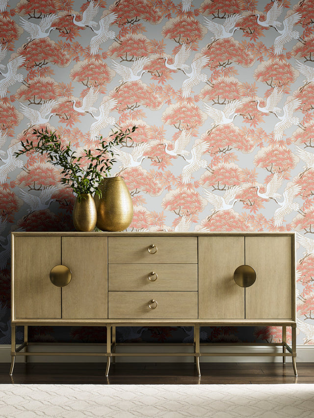 Sprig & Heron Coral Wallpaper with Metallic Botanical Heron Motif - York AF6590