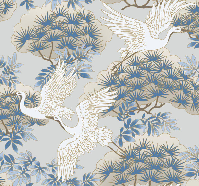 Sprig & Heron Light Blue Wallpaper with Metallic Botanical Bird Motif - York AF6591
