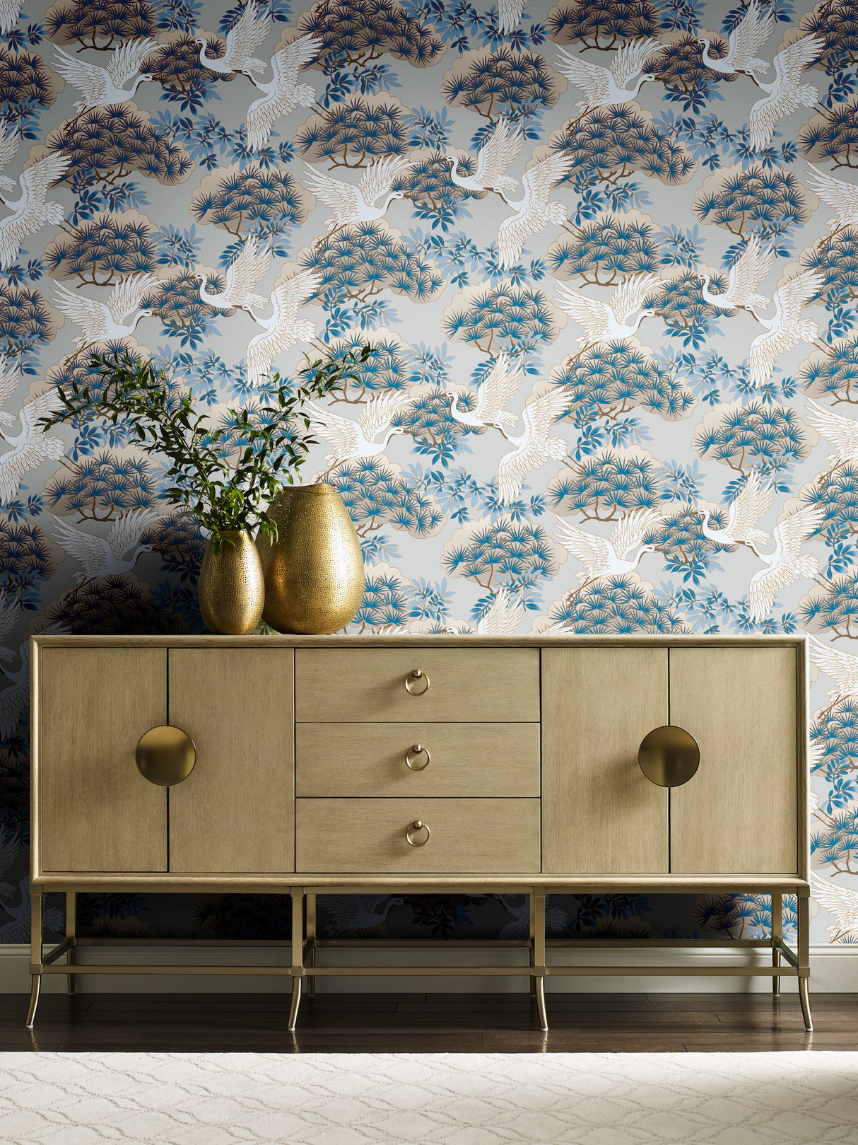 Sprig & Heron Light Blue Wallpaper with Metallic Botanical Bird Motif - York AF6591