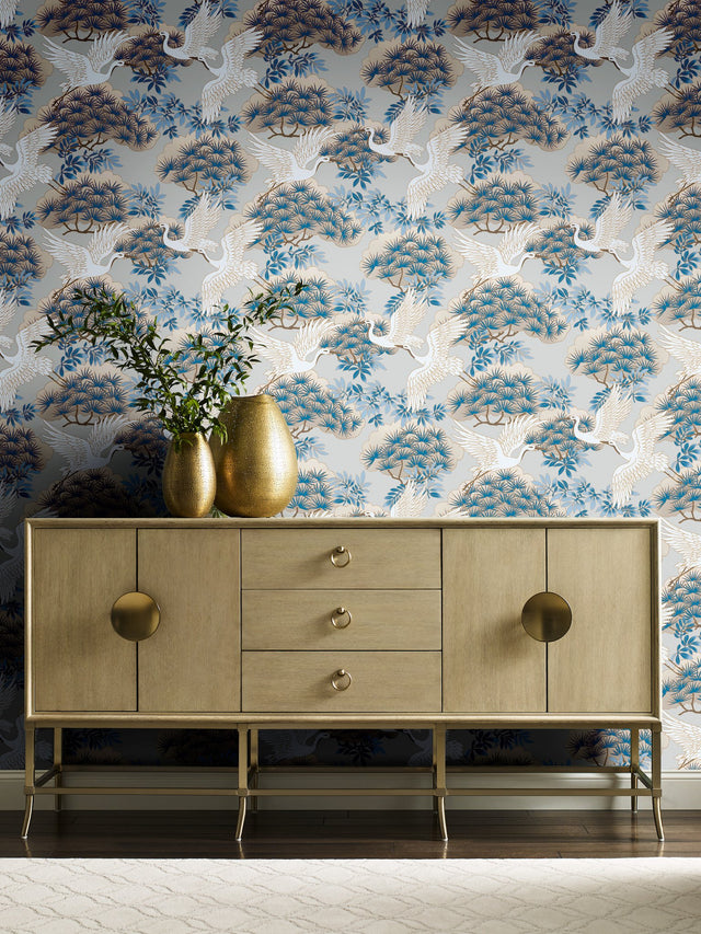 Sprig & Heron Light Blue Wallpaper with Metallic Botanical Bird Motif - York AF6591