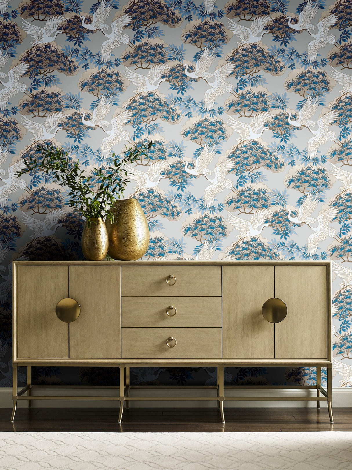 Sprig & Heron Light Blue Wallpaper with Metallic Botanical Bird Motif - York AF6591SAM