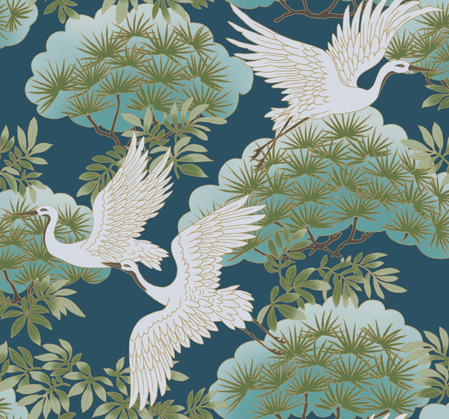 Sprig & Heron Blue Wallpaper