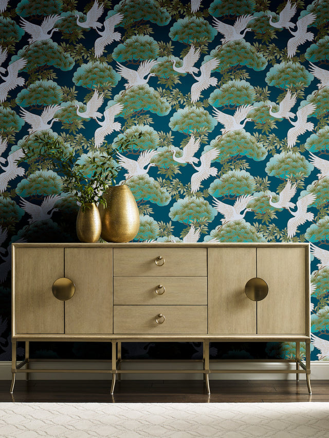 Sprig & Heron Blue Wallpaper