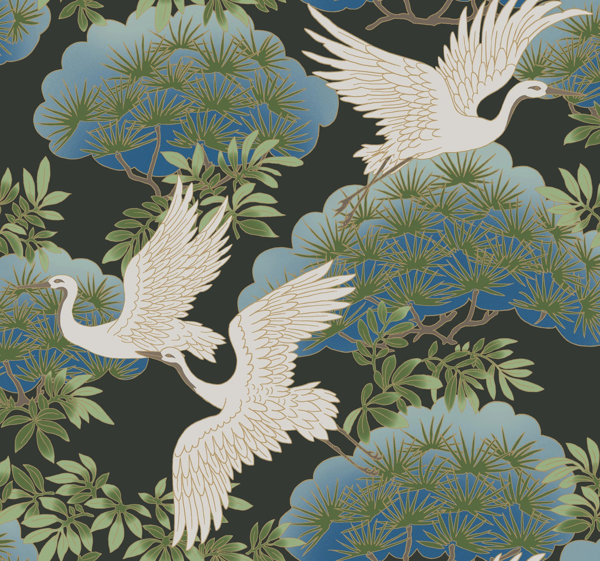 Sprig & Heron Black Wallpaper with Metallic Botanical Heron Motif - York AF6593