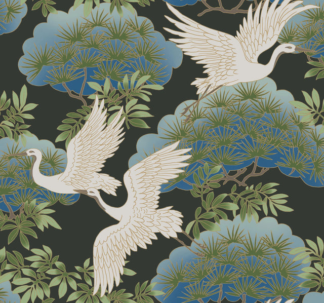 Sprig & Heron Black Wallpaper with Metallic Botanical Heron Motif - York AF6593