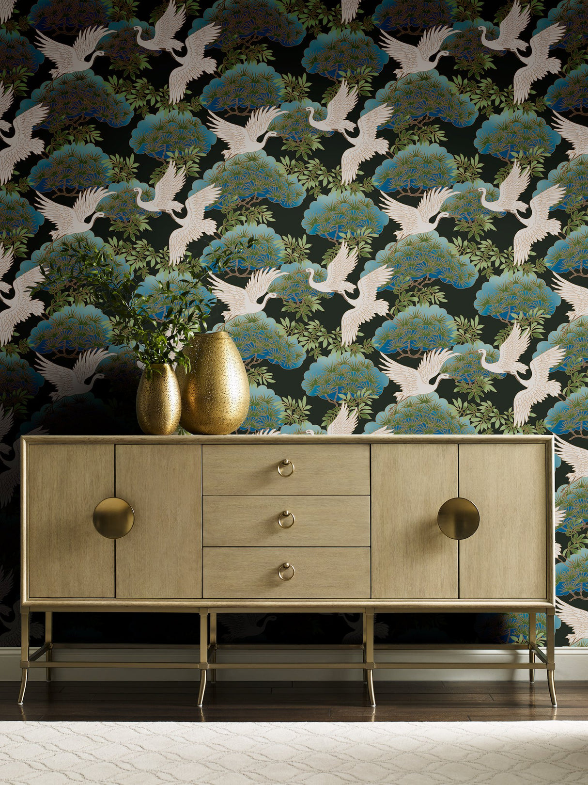 Sprig & Heron Black Wallpaper with Metallic Botanical Heron Motif - York AF6593