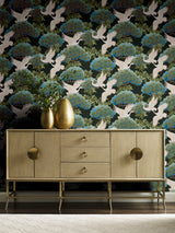Sprig & Heron Black Wallpaper with Metallic Botanical Heron Motif - York AF6593