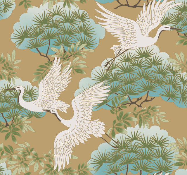 Sprig & Heron Gold Wallpaper with Elegant Bird and Foliage Pattern - York AF6594