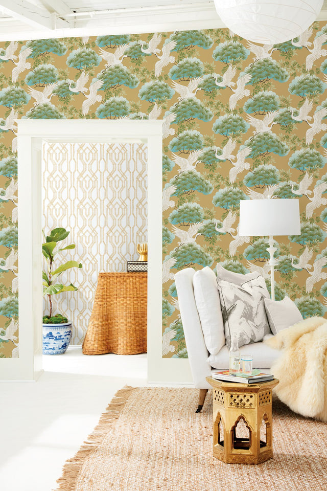 Sprig & Heron Gold Wallpaper with Elegant Bird and Foliage Pattern - York AF6594