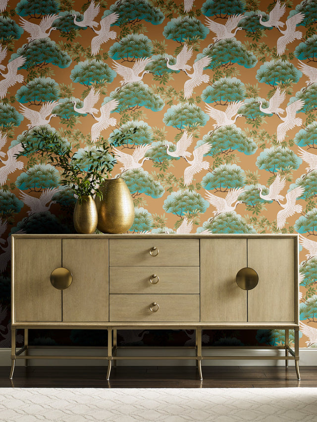 Sprig & Heron Gold Wallpaper with Elegant Bird and Foliage Pattern - York AF6594