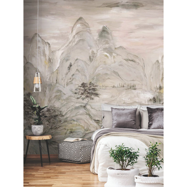 Misty Mountain Taupe Wall Mural with Traditional Landscape Pattern - York AF6597M