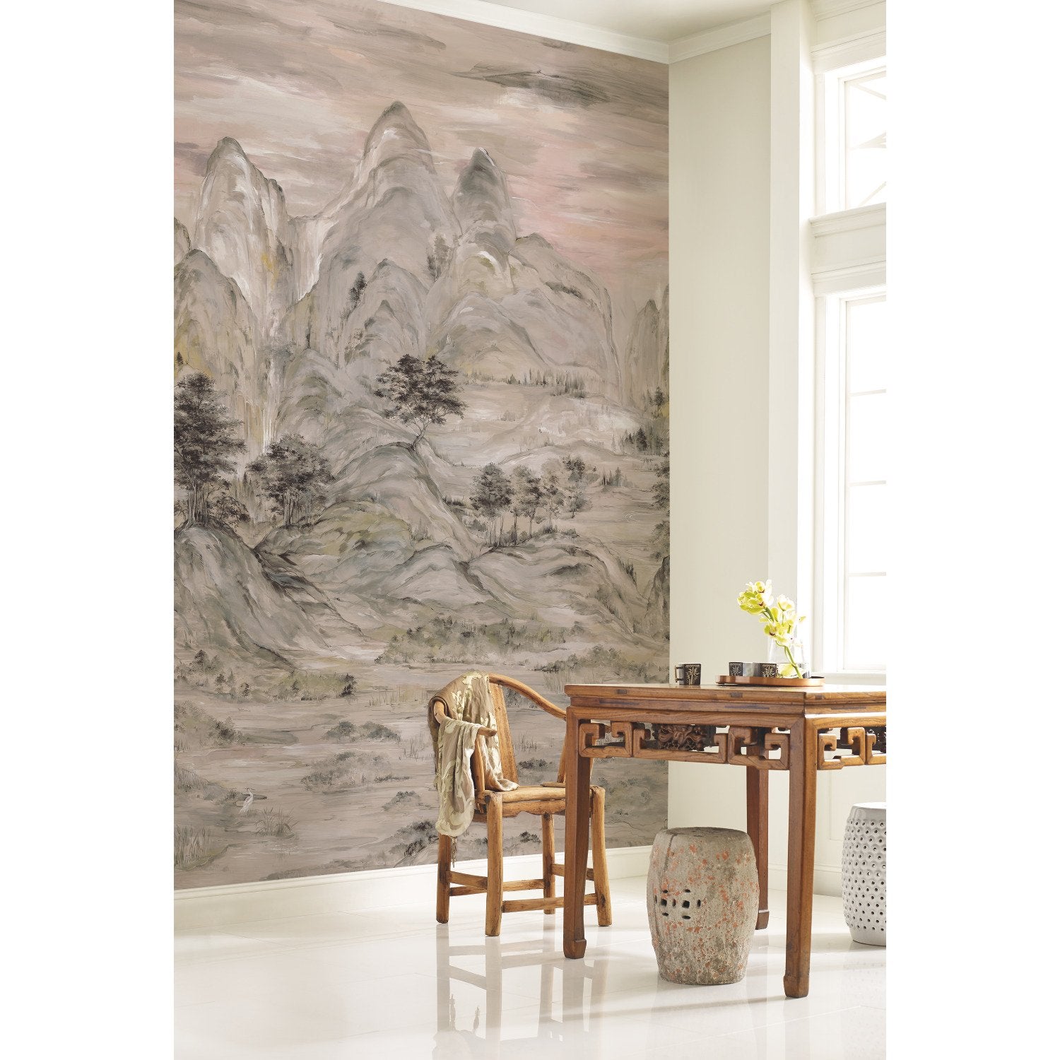 Misty Mountain Taupe Wall Mural with Traditional Landscape Pattern