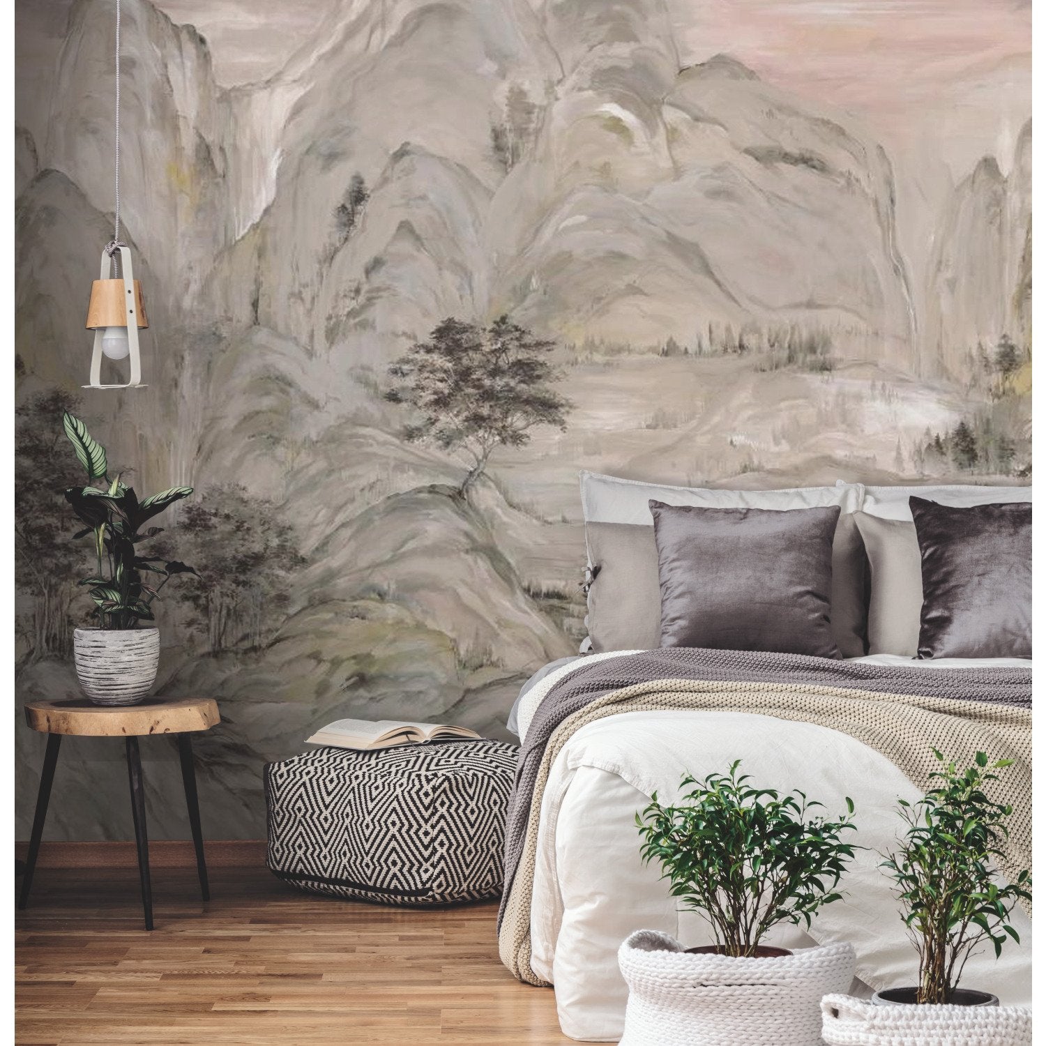 Misty Mountain Taupe Wall Mural with Traditional Landscape Pattern