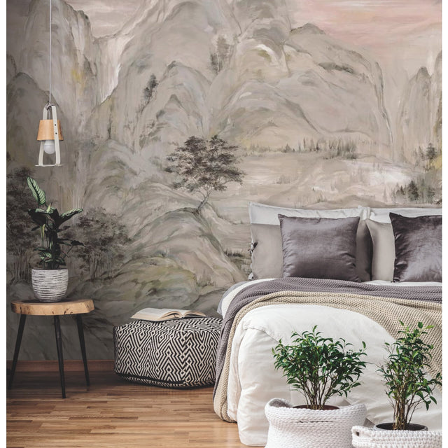 Misty Mountain Taupe Wall Mural with Traditional Landscape Pattern - York AF6597M