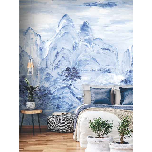 Misty Mountain Blue Wall Mural with Hand-Painted Landscape Scene - York AF6598M