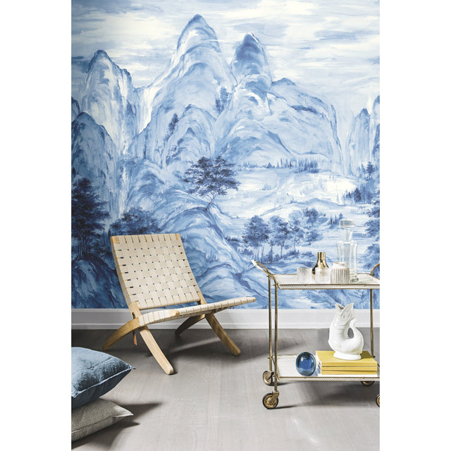 Misty Mountain Blue Wall Mural with Hand-Painted Landscape Scene - York AF6598M