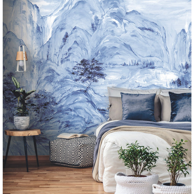 Misty Mountain Blue Wall Mural with Hand-Painted Landscape Scene - York AF6598M