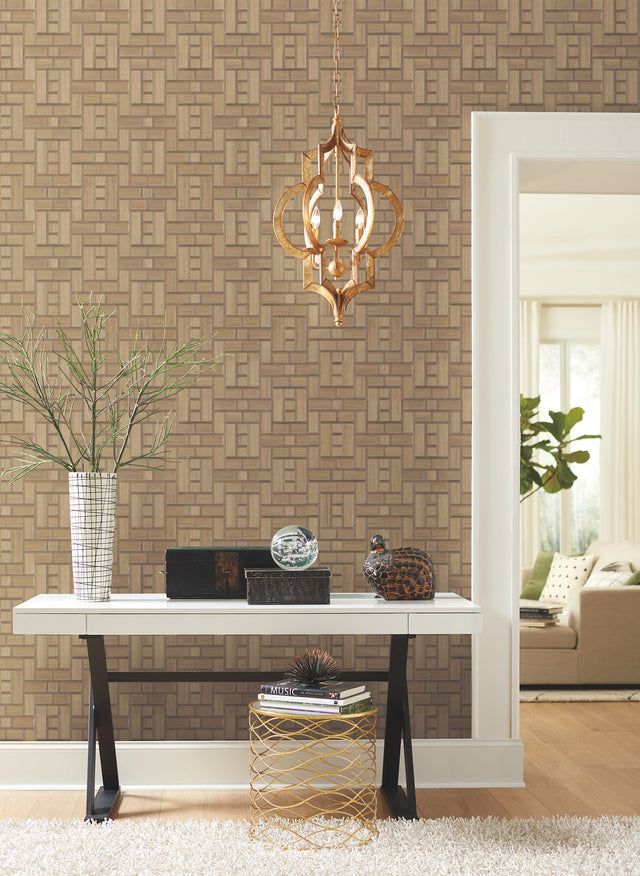 Teahouse Panel Brown Wallpaper with Wood Veneer Motif - York AF6603