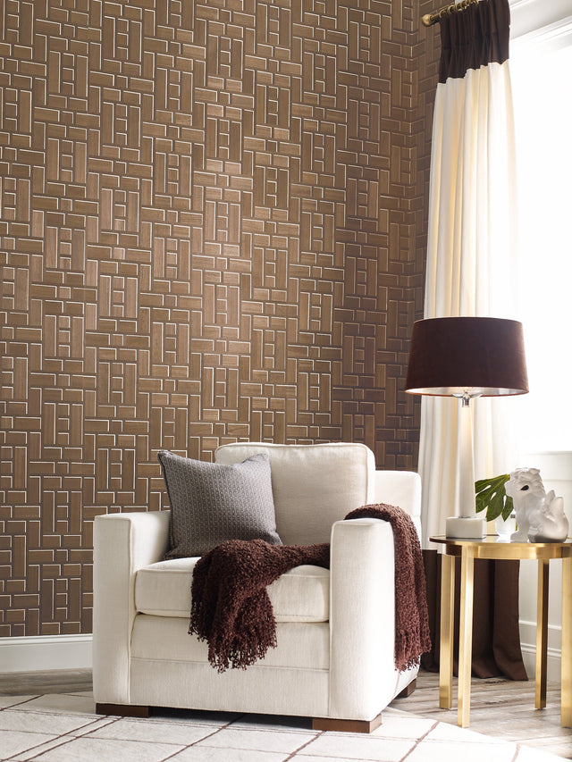 Teahouse Panel Brown Wallpaper with Wood Veneer Motif - York AF6603