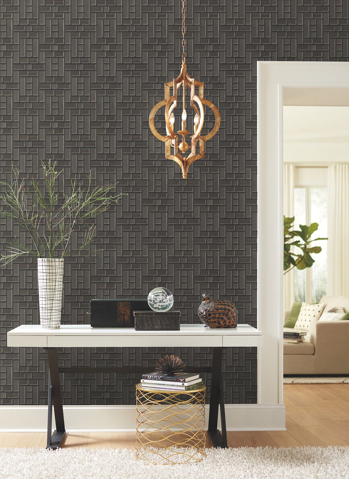Teahouse Panel Black Geometric Non Woven Wallpaper - York AF6605