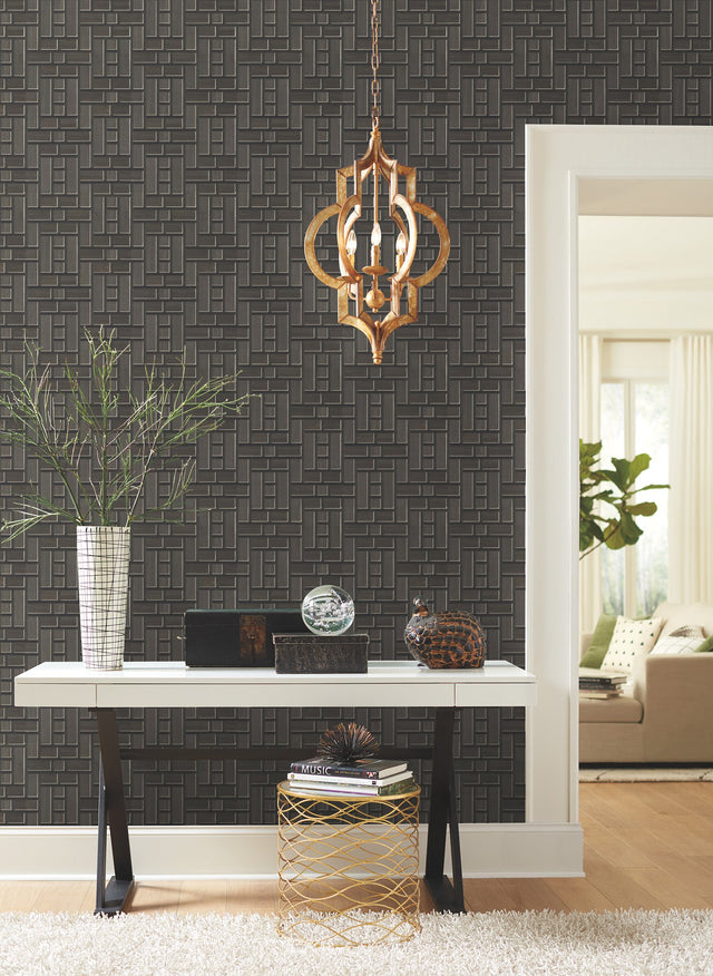 Teahouse Panel Black Geometric Non Woven Wallpaper - York AF6605