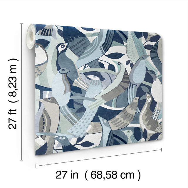 Fauvist Flock Blue Wallpaper with Eclectic Animal/Bird Motif - York AG2015