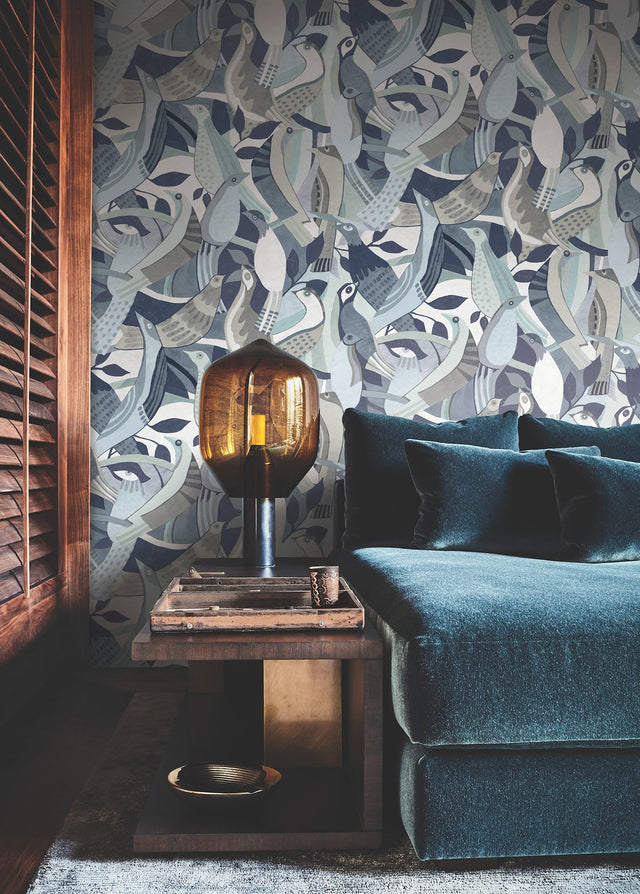 Fauvist Flock Blue Wallpaper with Eclectic Animal/Bird Motif - York AG2015