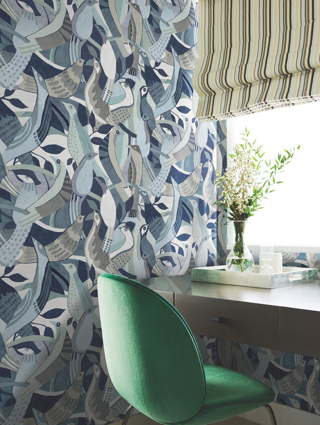 Fauvist Flock Blue Wallpaper with Eclectic Animal/Bird Motif - York AG2015
