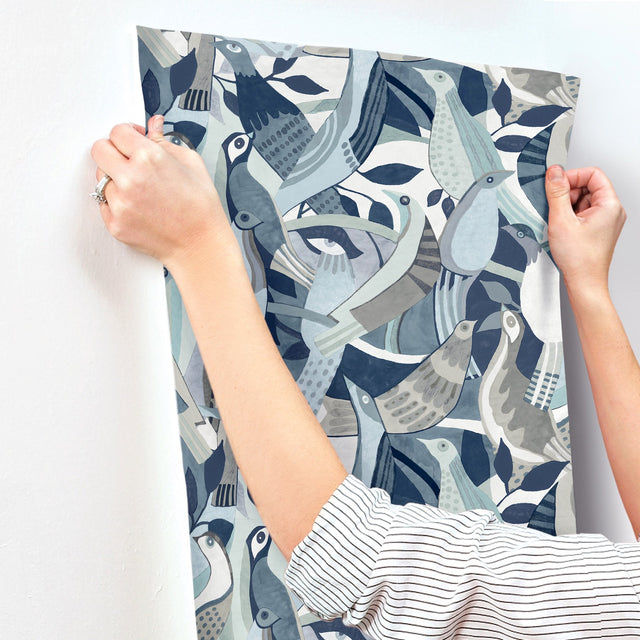 Fauvist Flock Blue Wallpaper with Eclectic Animal/Bird Motif - York AG2015