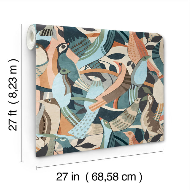 Fauvist Flock Coral & Aqua Wallpaper with Abstract Birds Motif - York AG2016