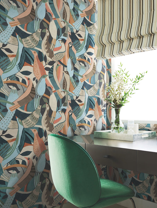 Fauvist Flock Coral & Aqua Wallpaper with Abstract Birds Motif - York AG2016