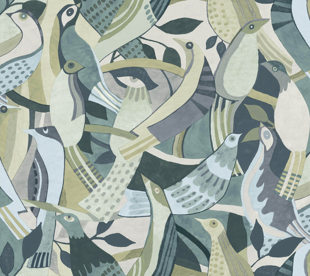 Fauvist Flock Green Wallpaper with Eclectic Animal/Bird Motif - York AG2017
