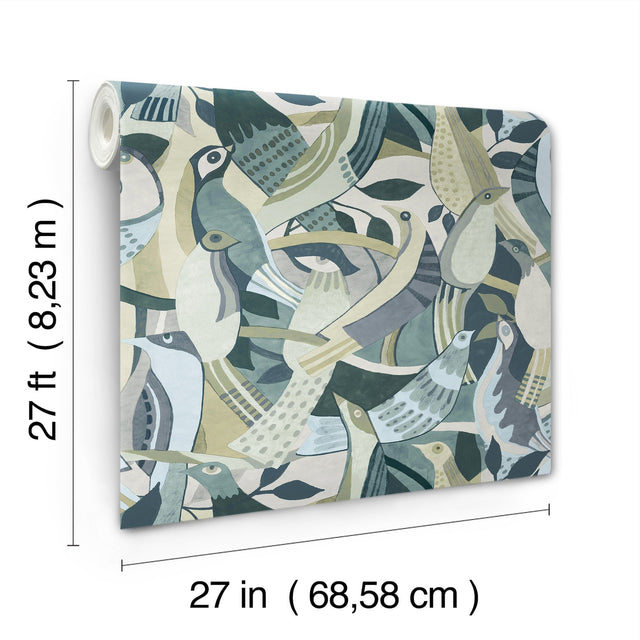 Fauvist Flock Green Wallpaper with Eclectic Animal/Bird Motif - York AG2017