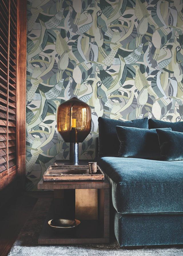 Fauvist Flock Green Wallpaper with Eclectic Animal/Bird Motif - York AG2017
