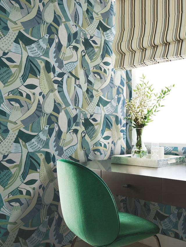 Fauvist Flock Green Wallpaper with Eclectic Animal/Bird Motif - York AG2017