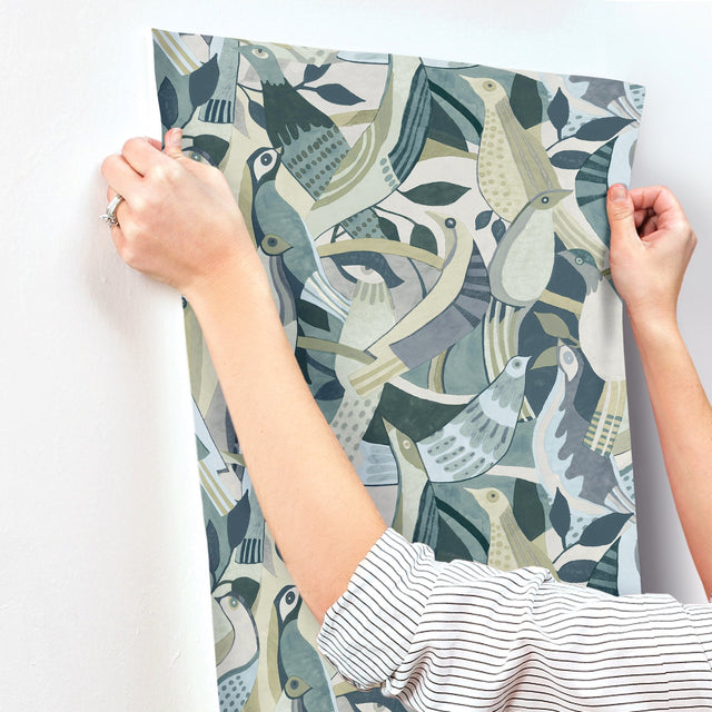 Fauvist Flock Green Wallpaper with Eclectic Animal/Bird Motif - York AG2017