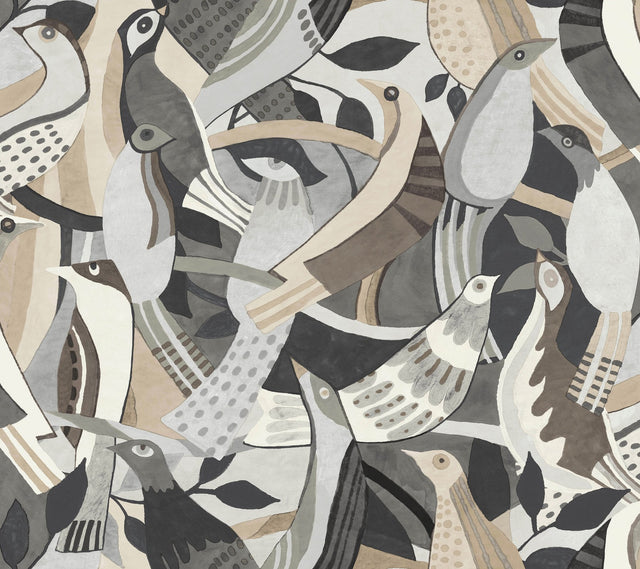 Fauvist Flock Neutral Wallpaper with Eclectic Animal/Bird Pattern - York AG2018