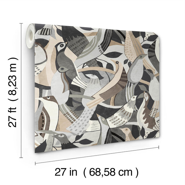 Fauvist Flock Neutral Wallpaper with Eclectic Animal/Bird Pattern - York AG2018