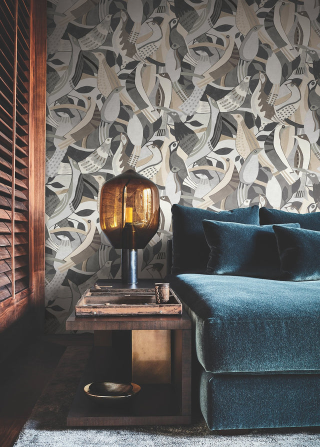 Fauvist Flock Neutral Wallpaper with Eclectic Animal/Bird Pattern - York AG2018