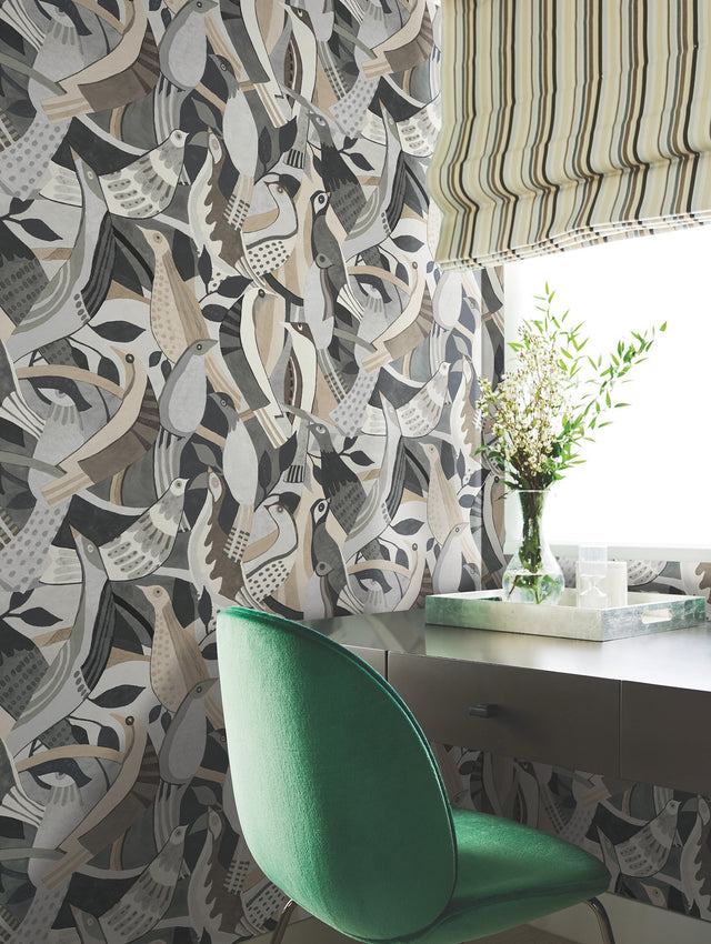 Fauvist Flock Neutral Wallpaper with Eclectic Animal/Bird Pattern - York AG2018