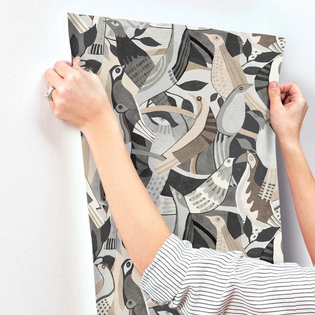 Fauvist Flock Neutral Wallpaper with Eclectic Animal/Bird Pattern - York AG2018