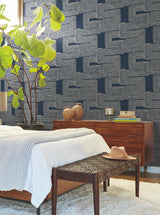Zulu Thread Midnight & Silver Wallpaper with Bohemian Metallic Abstract Pattern - York AG2033