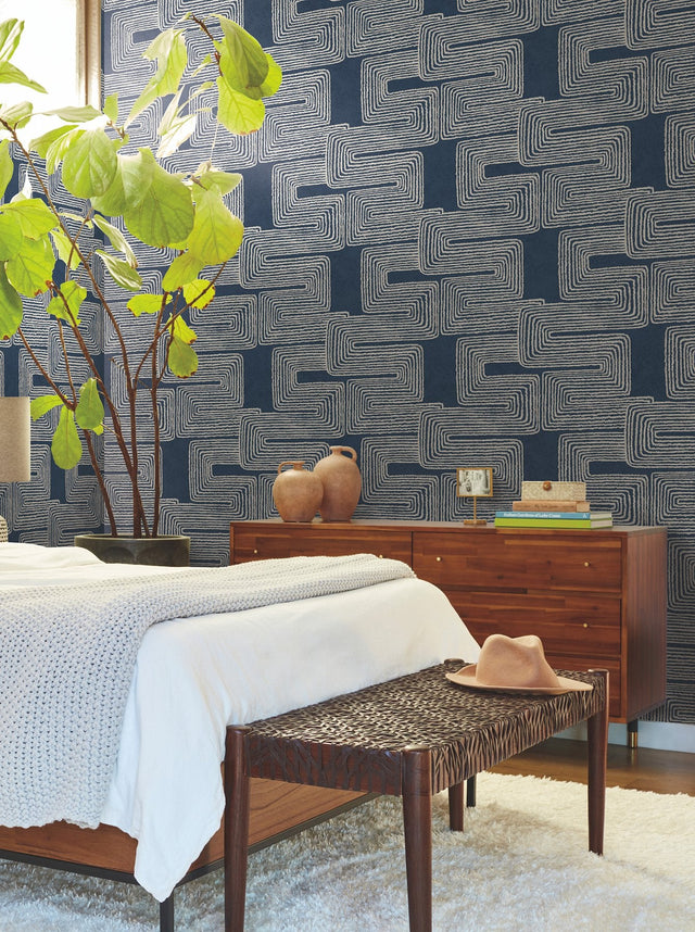 Zulu Thread Midnight & Silver Wallpaper with Bohemian Metallic Abstract Pattern - York AG2033SAM