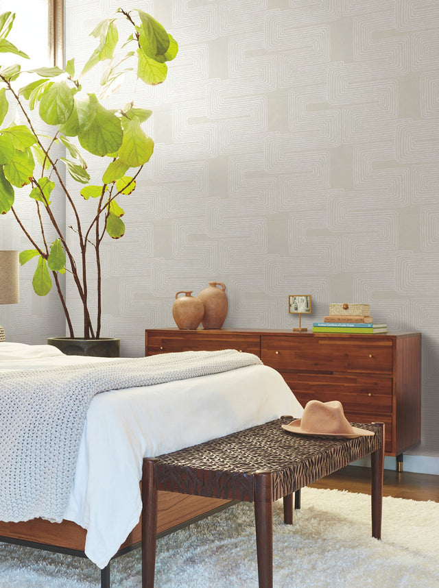 Zulu Thread Neutral & Pearl Wallpaper with Metallic Bohemian Abstract Pattern - York AG2036