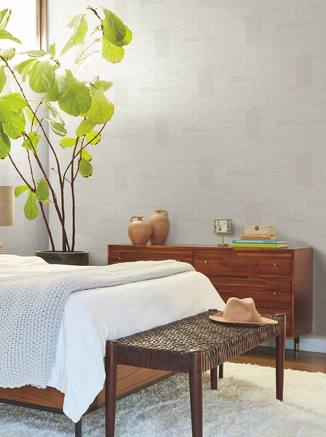Zulu Thread Neutral & Pearl Wallpaper with Metallic Bohemian Abstract Pattern - York AG2036SAM
