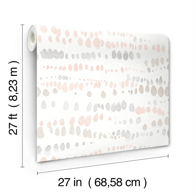Dewdrops Pink & Grey Wallpaper with Bohemian Modern Watercolor Dot Motif - York AG2047