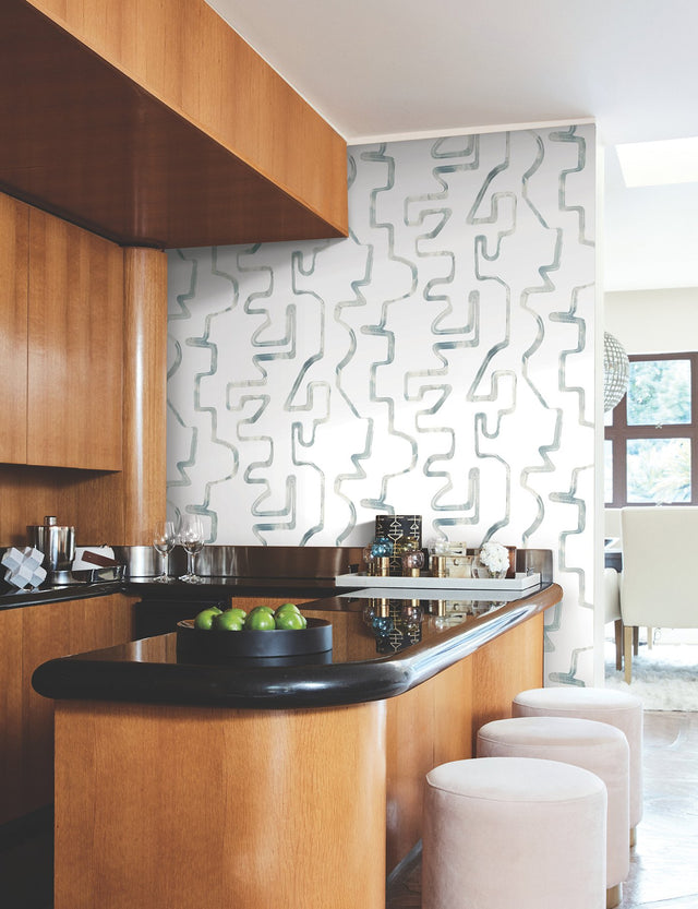 Abstract Aura Blue Smoke Wallpaper with Modern Geometric Watercolor Lines - York AG2055
